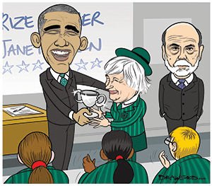 Bearded Bernanke gazed straight ahead, inscrutable. Yellen resembled a small schoolchild who had just won the class prize